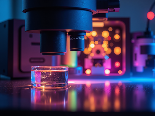 UVC紫外线杀菌技术展示，实验室环境，紫外线照射装置，显微镜下的细菌图像对比